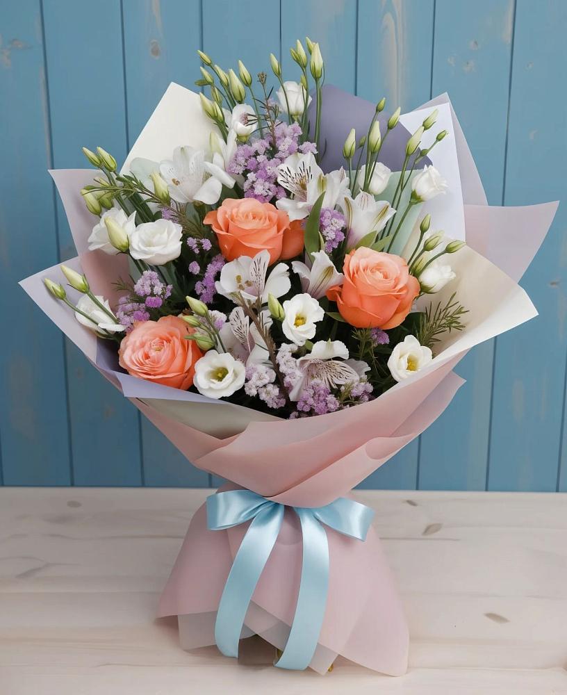 Букет цветов из: Лизиантусы, Розы, Альстромерии и Гипсофила в Аргаяше